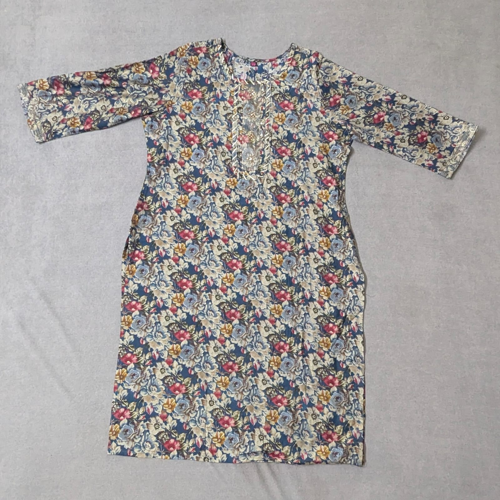 FloralGlow Navy Blue Kurti – Straight Fit Plus Size Kurti with Designer Neck