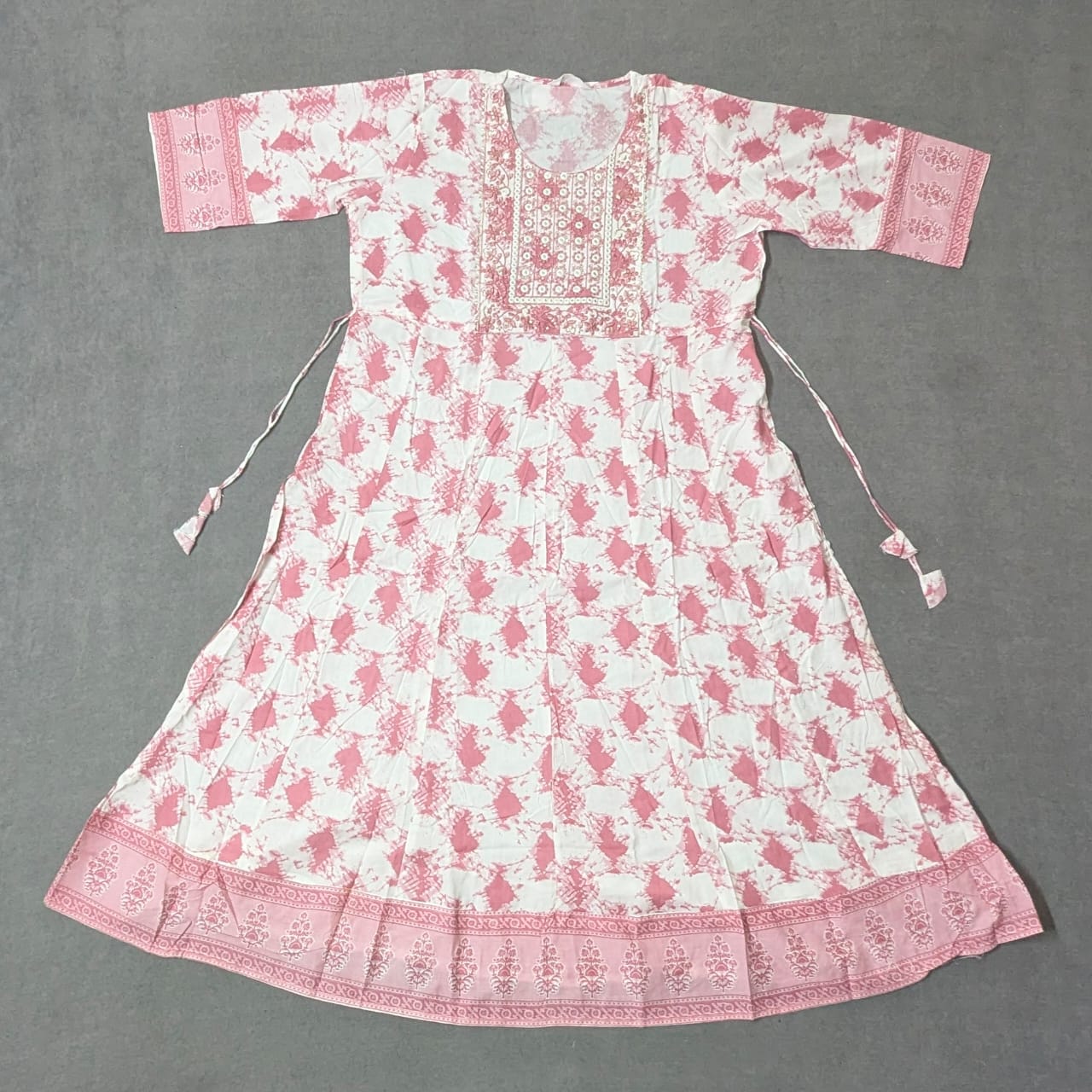 EthnoGlow Floral Pink with White Umbrella Kurti – Plus Size Elegance