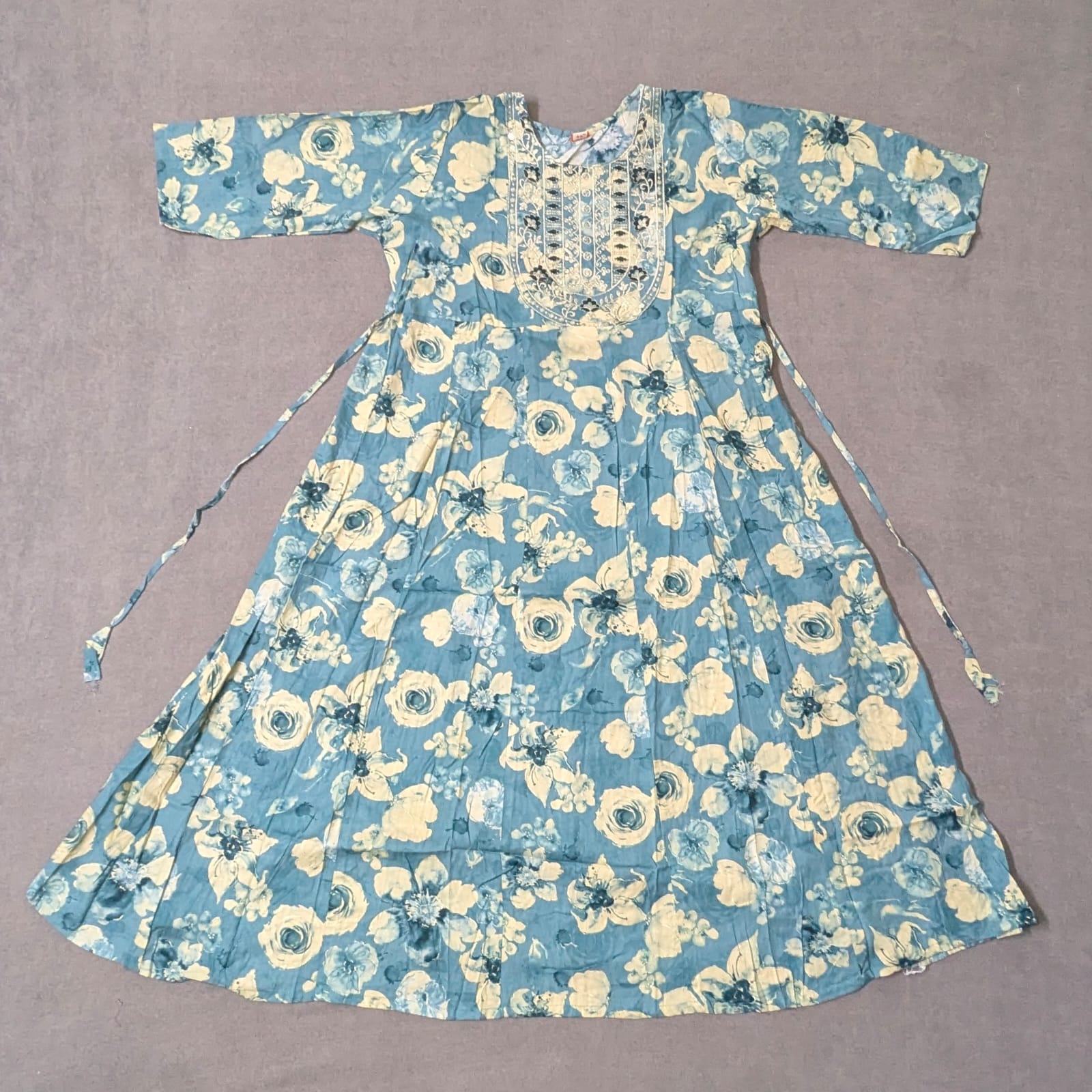 EthnoGlow Floral Blue Umbrella Kurti – Plus Size Elegance