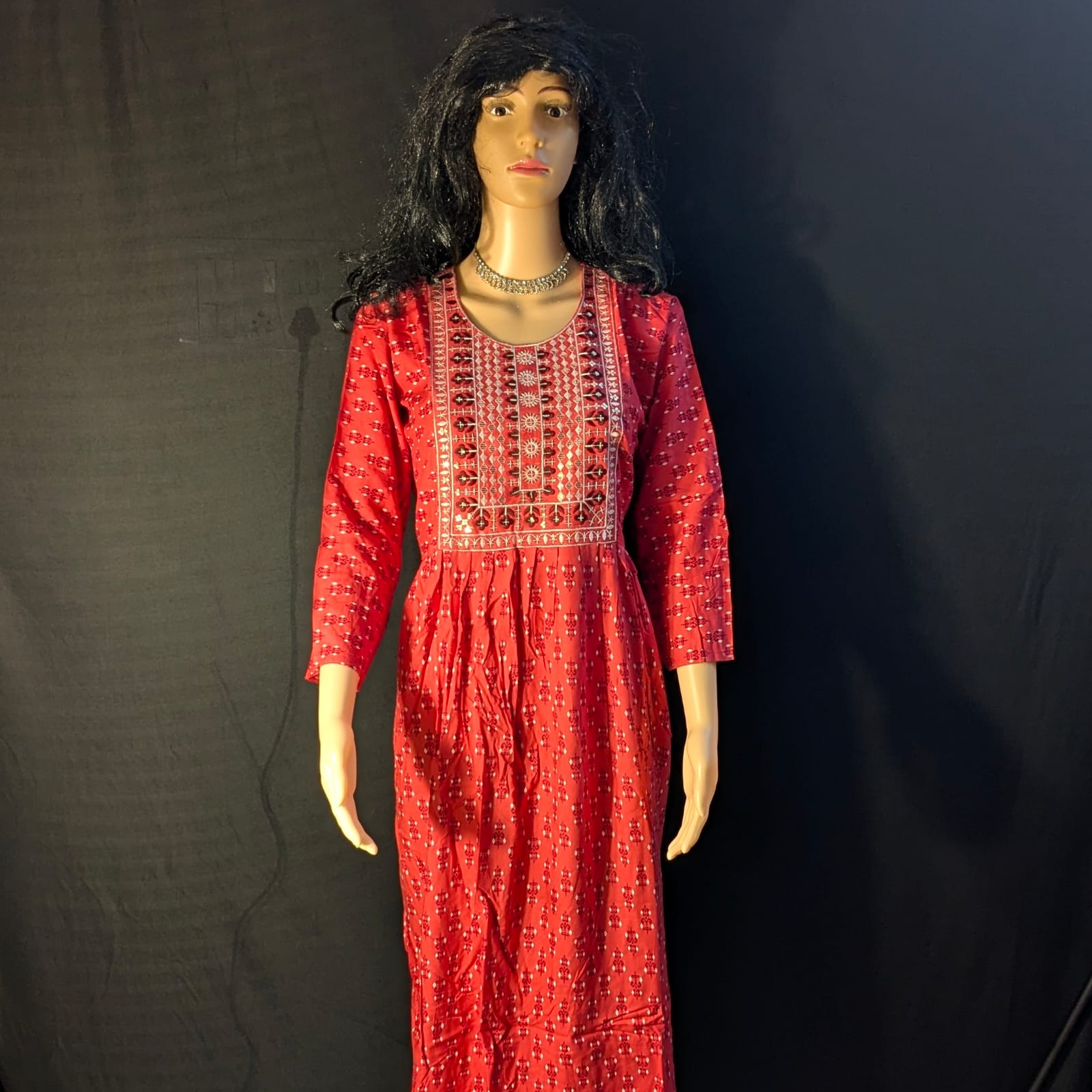 Orangish Pink Thread Work Umbrella Kurti with Tree Print & Back Knots