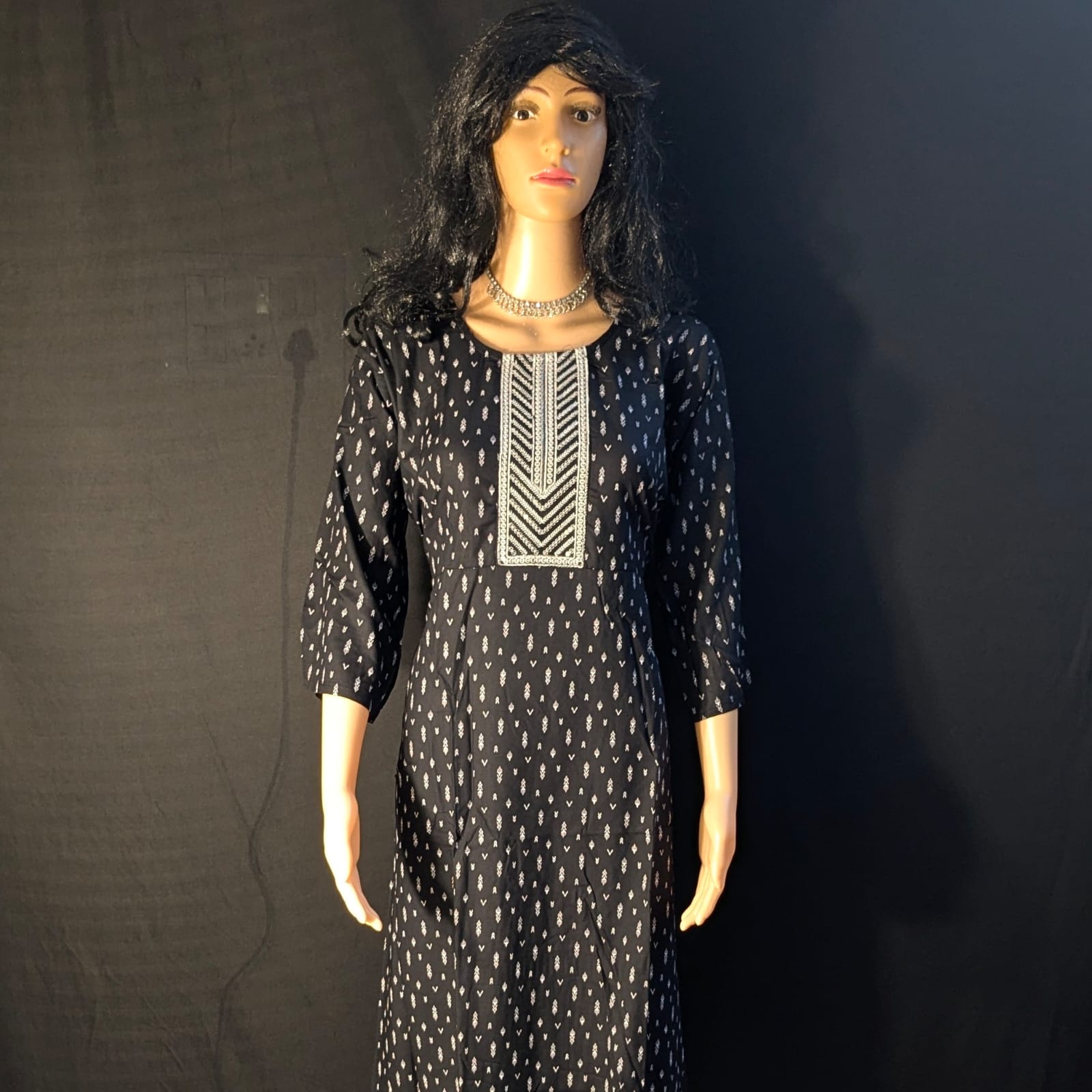 Designer Black Umbrella Kurti with White Neck Threadwork & Printed Motifs