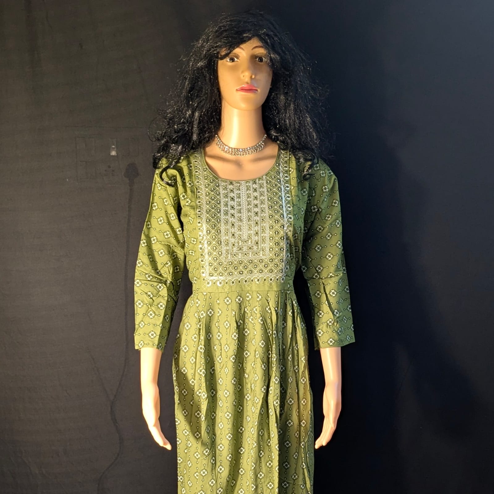 Elegant Green Umbrella Kurti with Chamki Neck Work & Back Knots