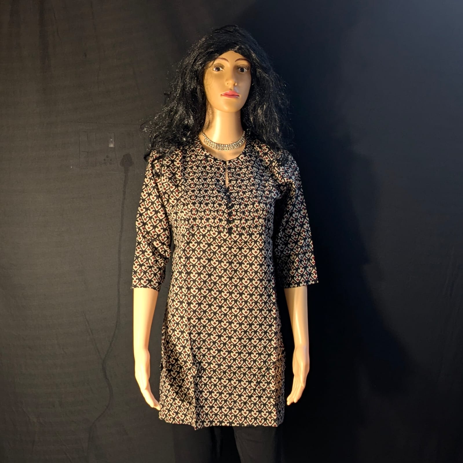 Sandal & Black Mix Button Neck Kurti – Stylish Tunic for Women