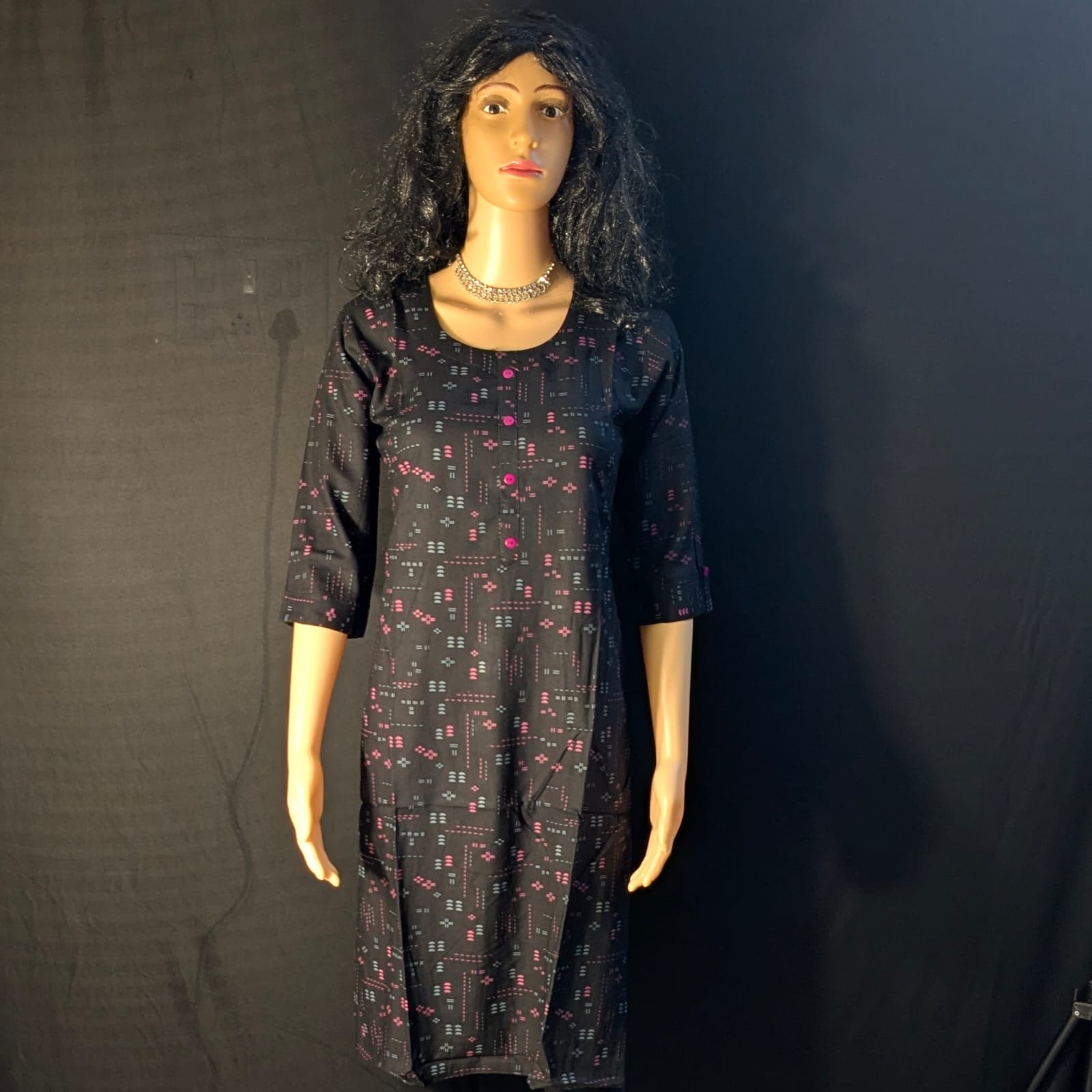 Classic Black Straight Kurti with Pink Buttons & All-Over Prints