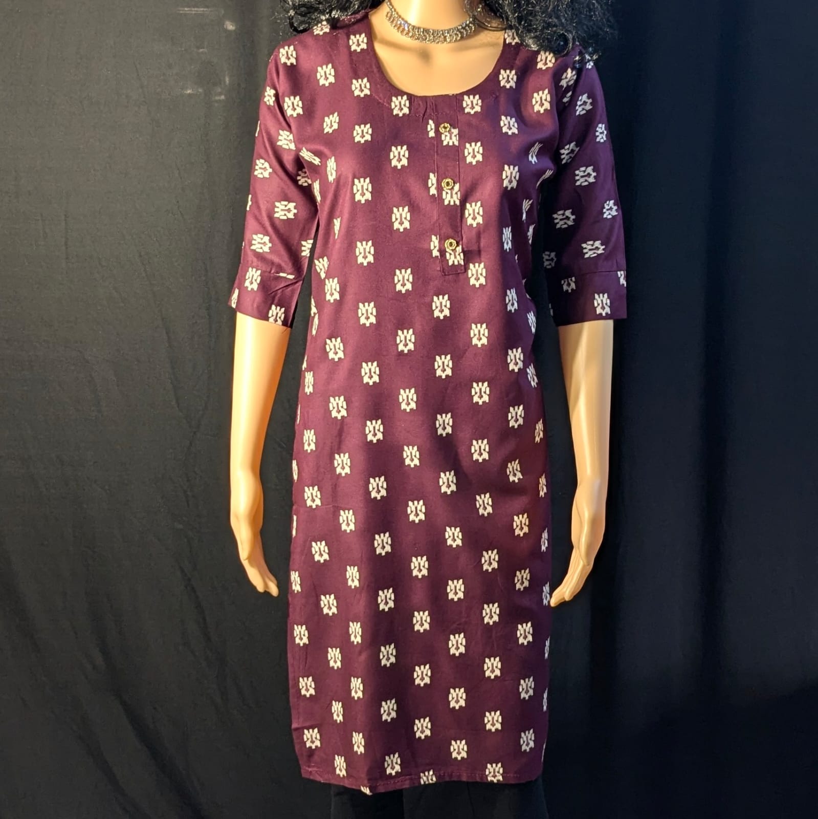 Elegant Dark Violet Straight Kurti with White Printed Pattern