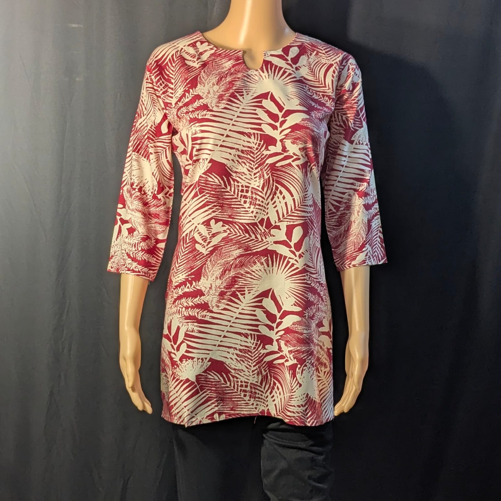 Red Tunic Top with Simple Cream Designs for Women