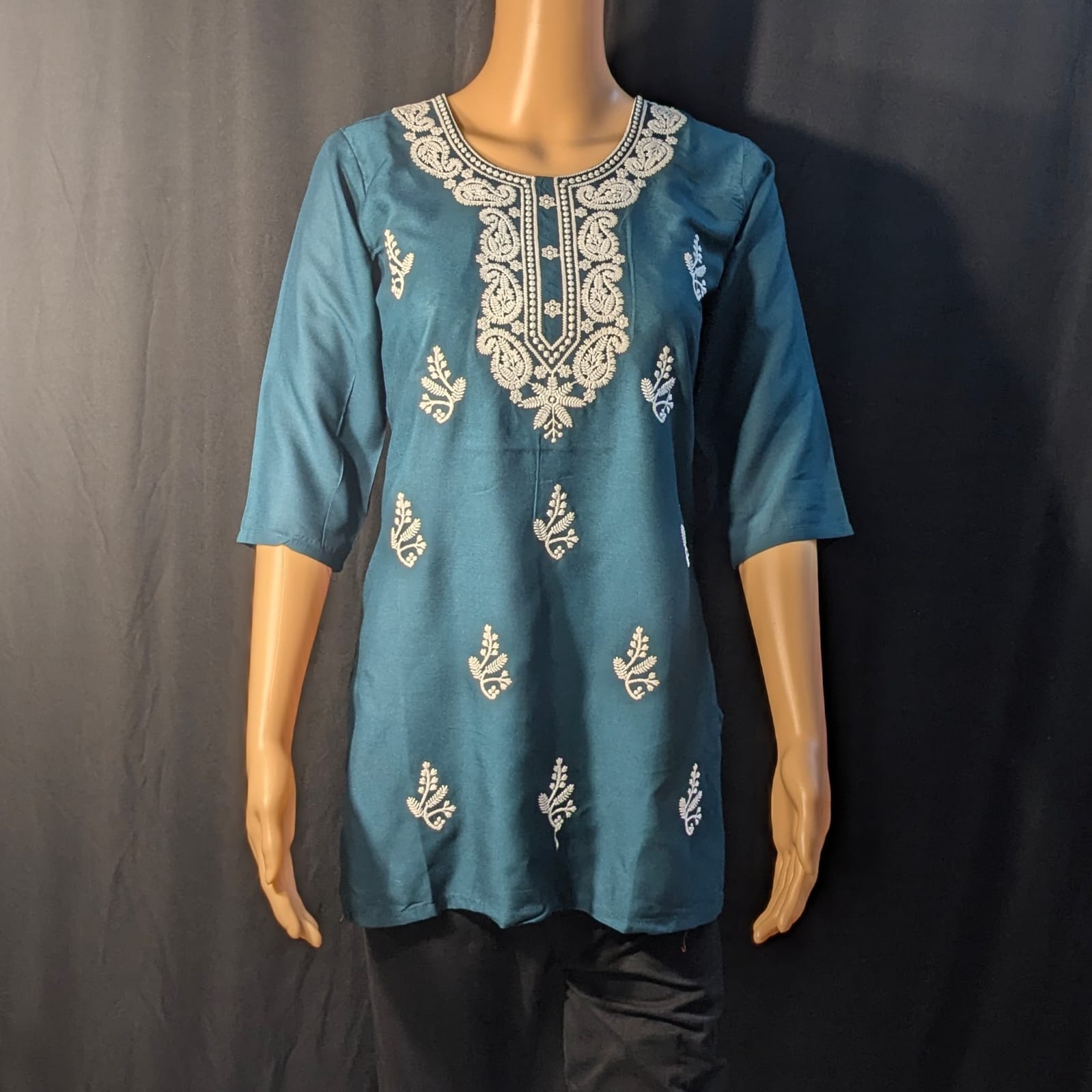 Dark Green Tunic Top with White Threadwork for Women