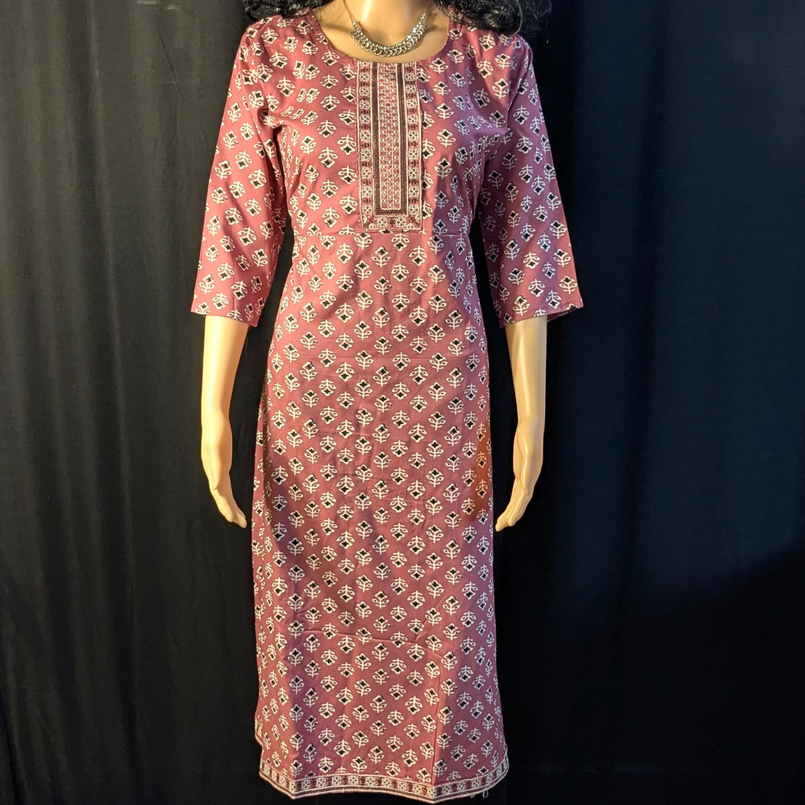 Pink Umbrella-Model Kurti with White & Black Tree Prints and Back Knot